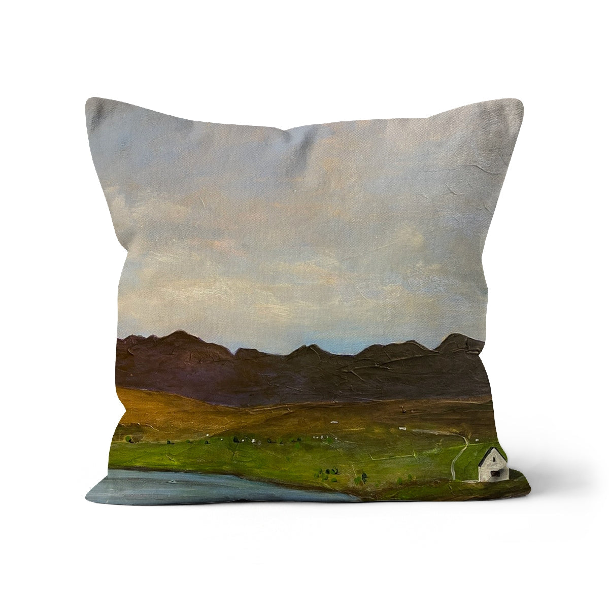 Square throw pillow with impressionistic Carbost landscape cushion