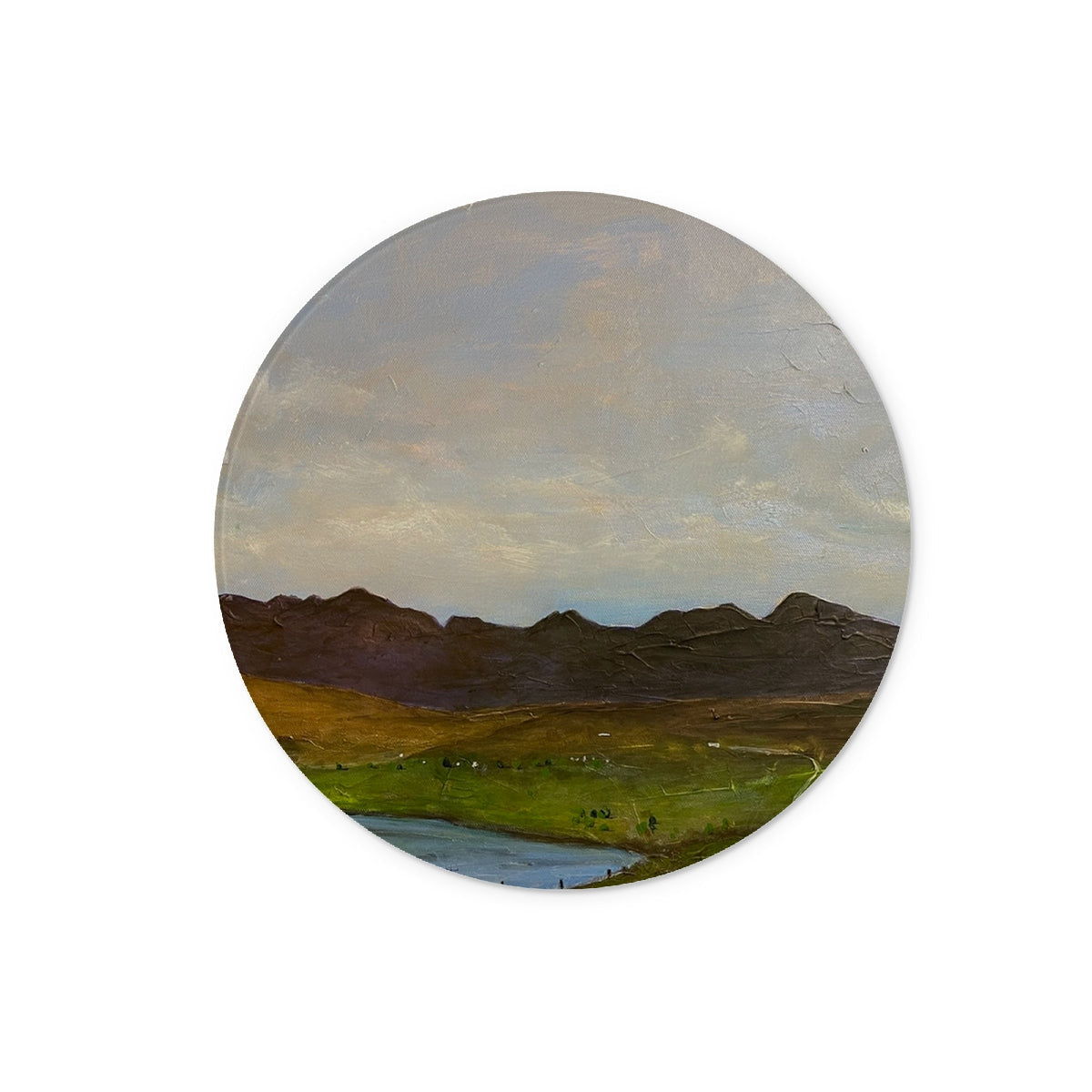 Circular oil painting of serene hills and lake on The Road To Carbost glass chopping board