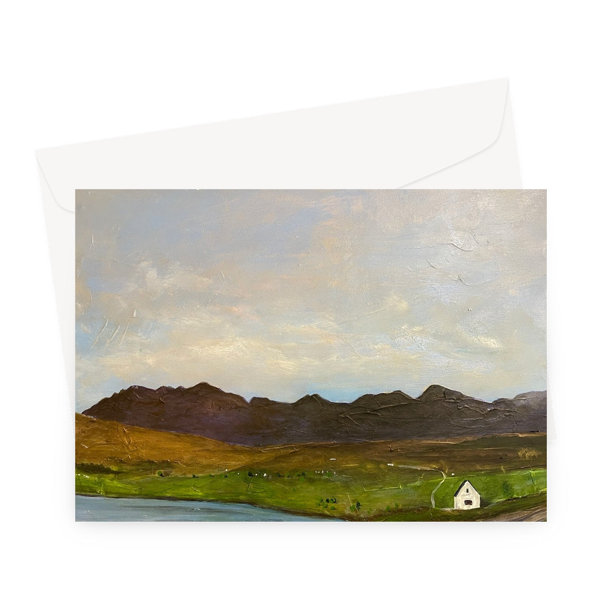 The Road To Carbost greeting card with painted landscape of dark mountains, green hills, and white house by water under gray sky