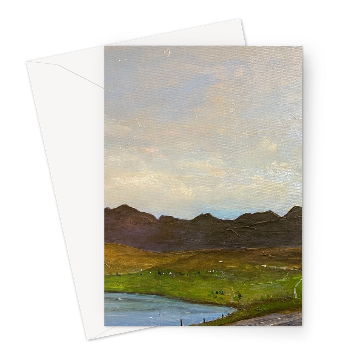 The Road To Carbost greeting card with impressionistic green hills and lake