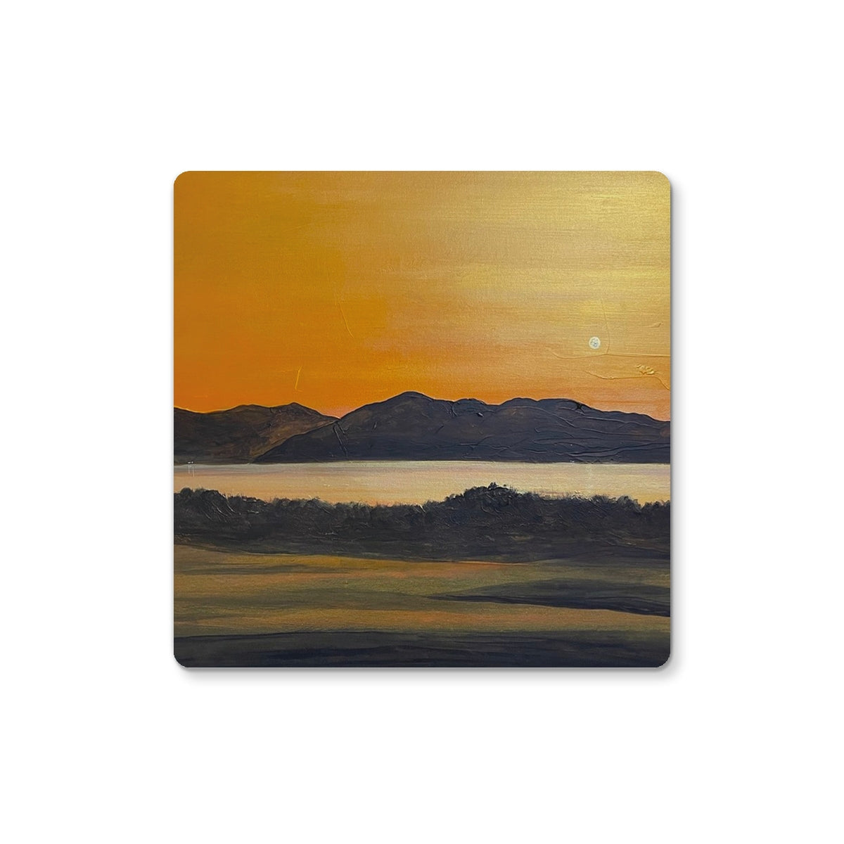 Square landscape painting of a sunset over mountains and water on Royal Troon Golf Course 5th Green Coaster