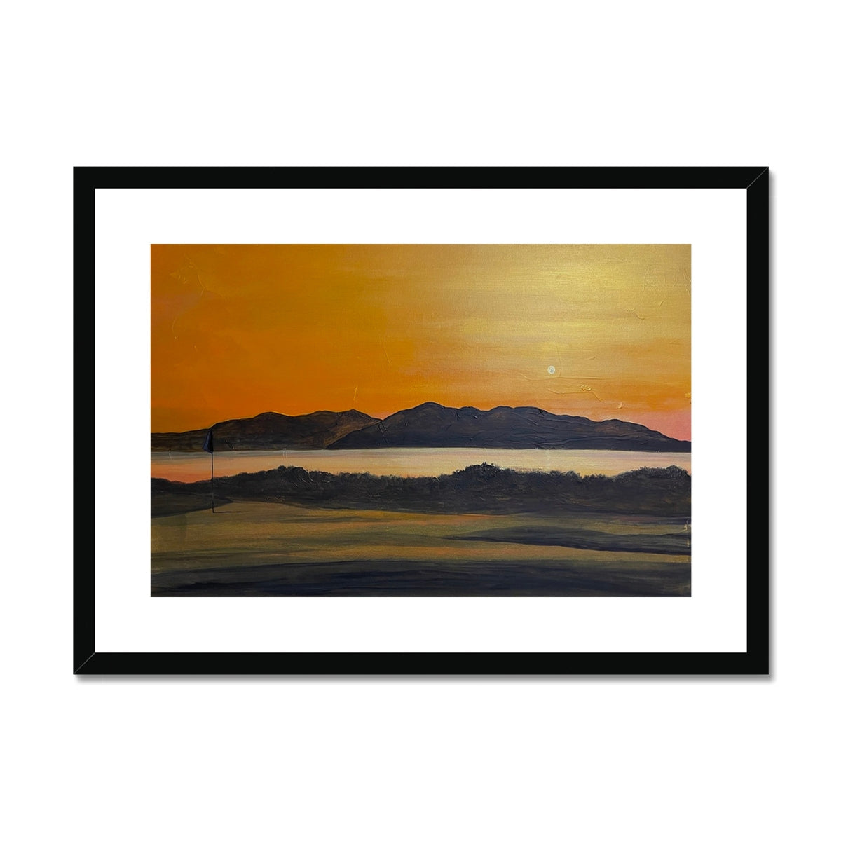 Framed mounted print of Royal Troon Golf Course 5th Green at sunset artwork