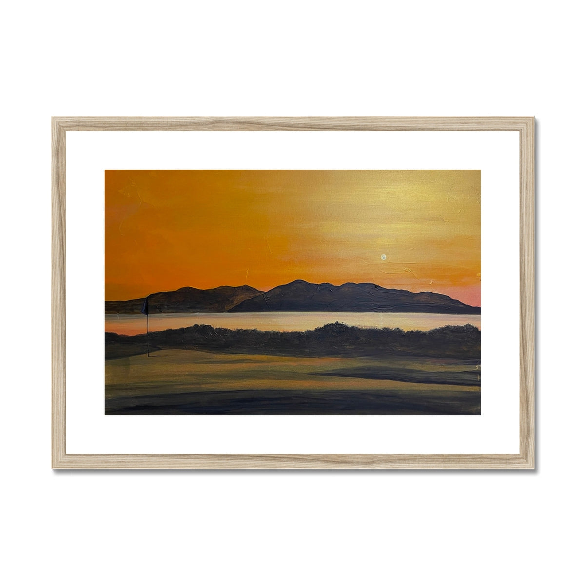 Framed landscape painting of sunset over mountains and water for Royal Troon Golf Course print