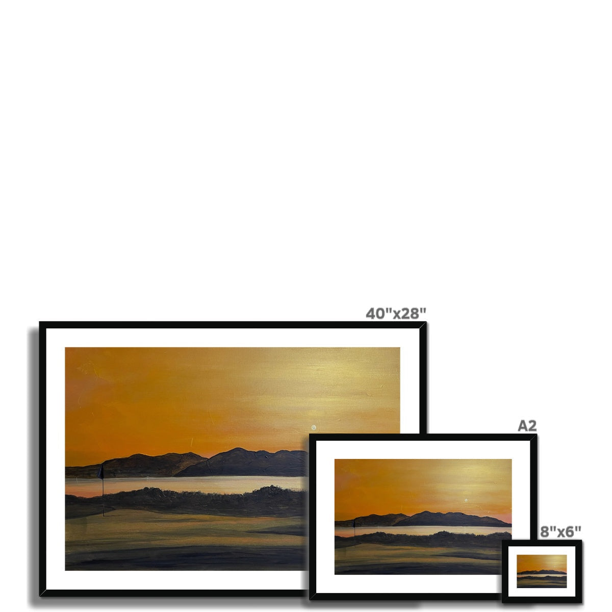 Three framed landscape paintings of varying sizes displayed with the Royal Troon Golf Course 5th Green print