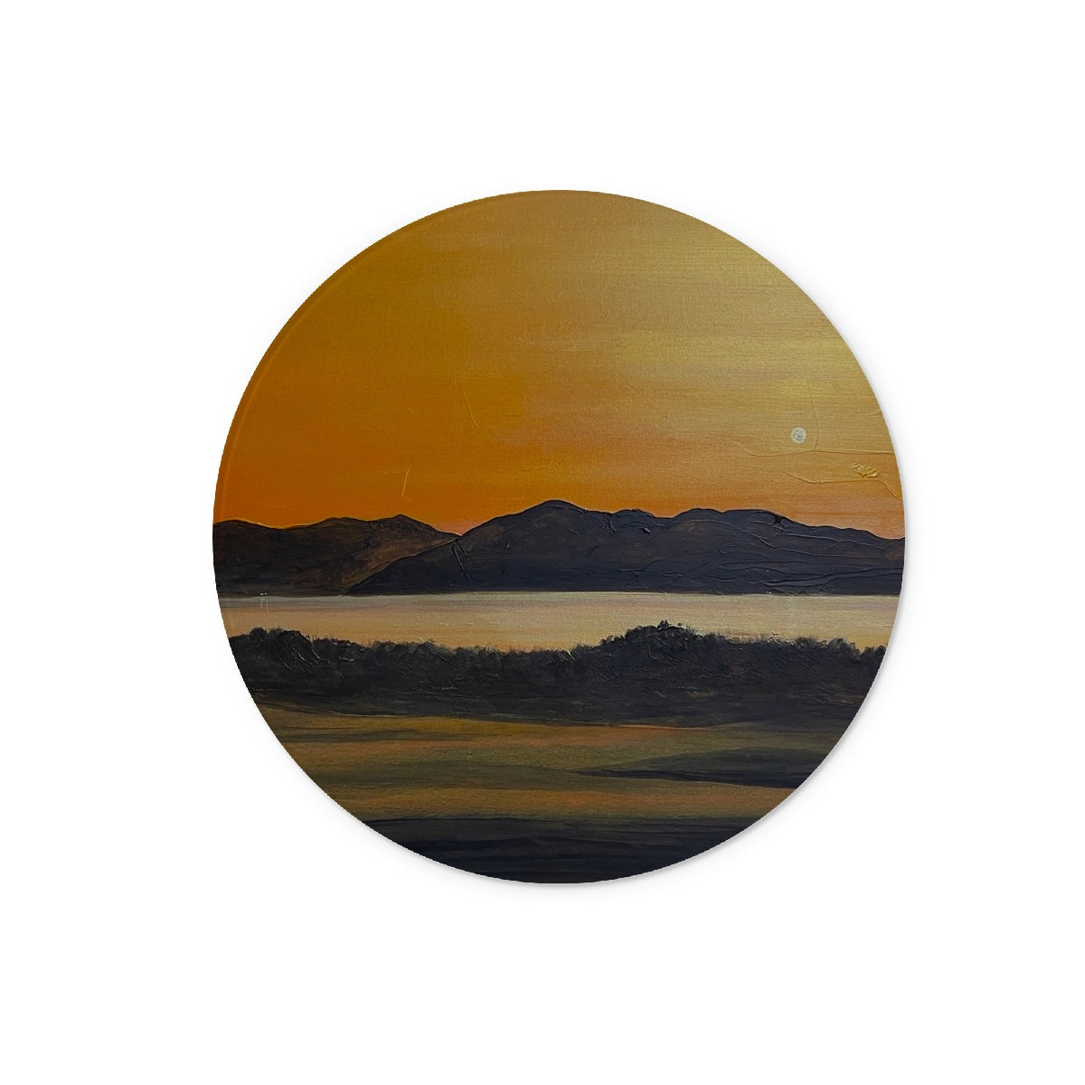 Circular canvas painting of a sunset over mountains and lake on Royal Troon Golf Course chopping board