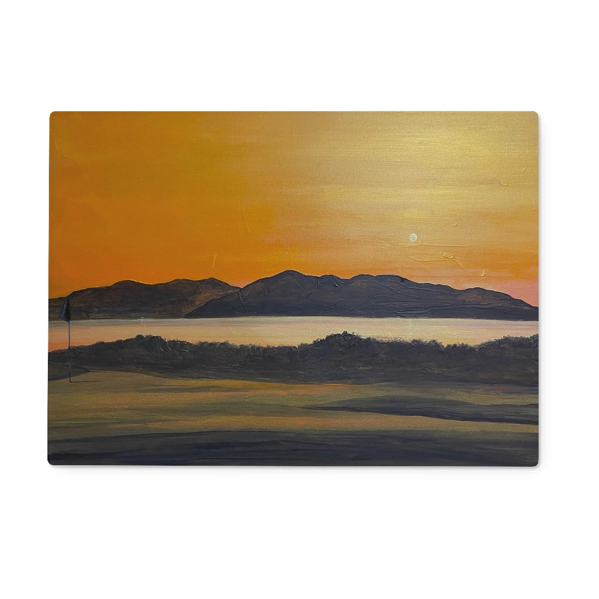 Oil painting of Royal Troon Golf Course 5th Green with mountains and water at sunset