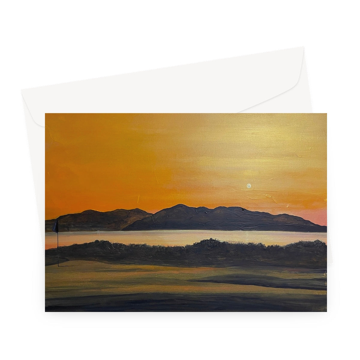 Royal Troon Golf Course 5th Green greeting card featuring an orange and gold sunset mountain landscape painting