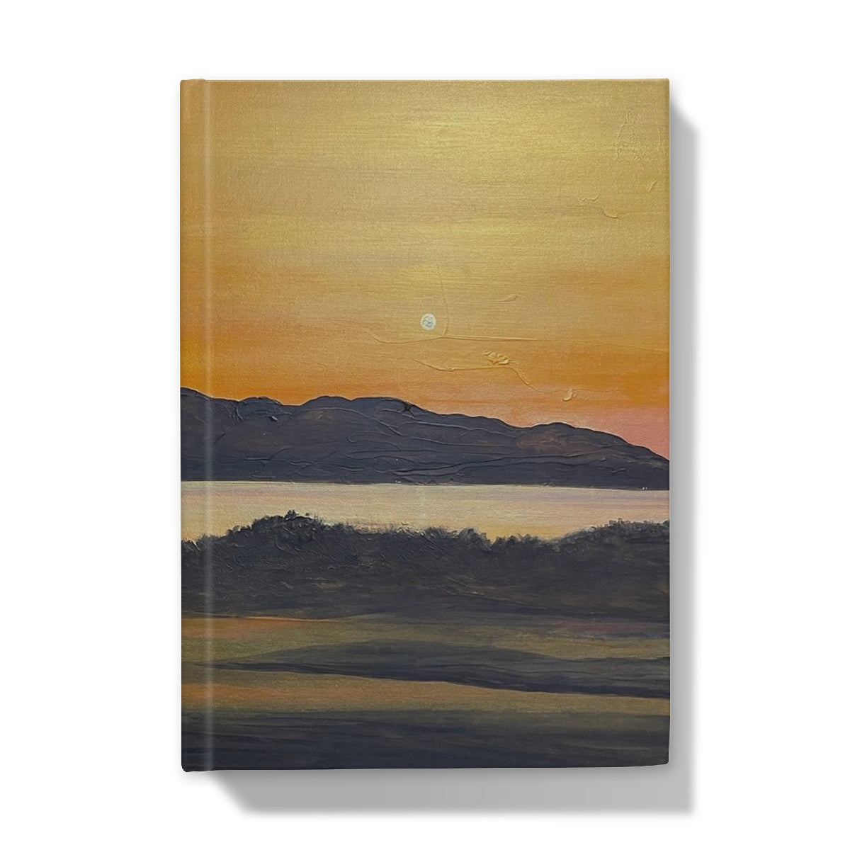 Landscape painting of a sunset over mountains and water on the Royal Troon Golf Course 5th Green journal