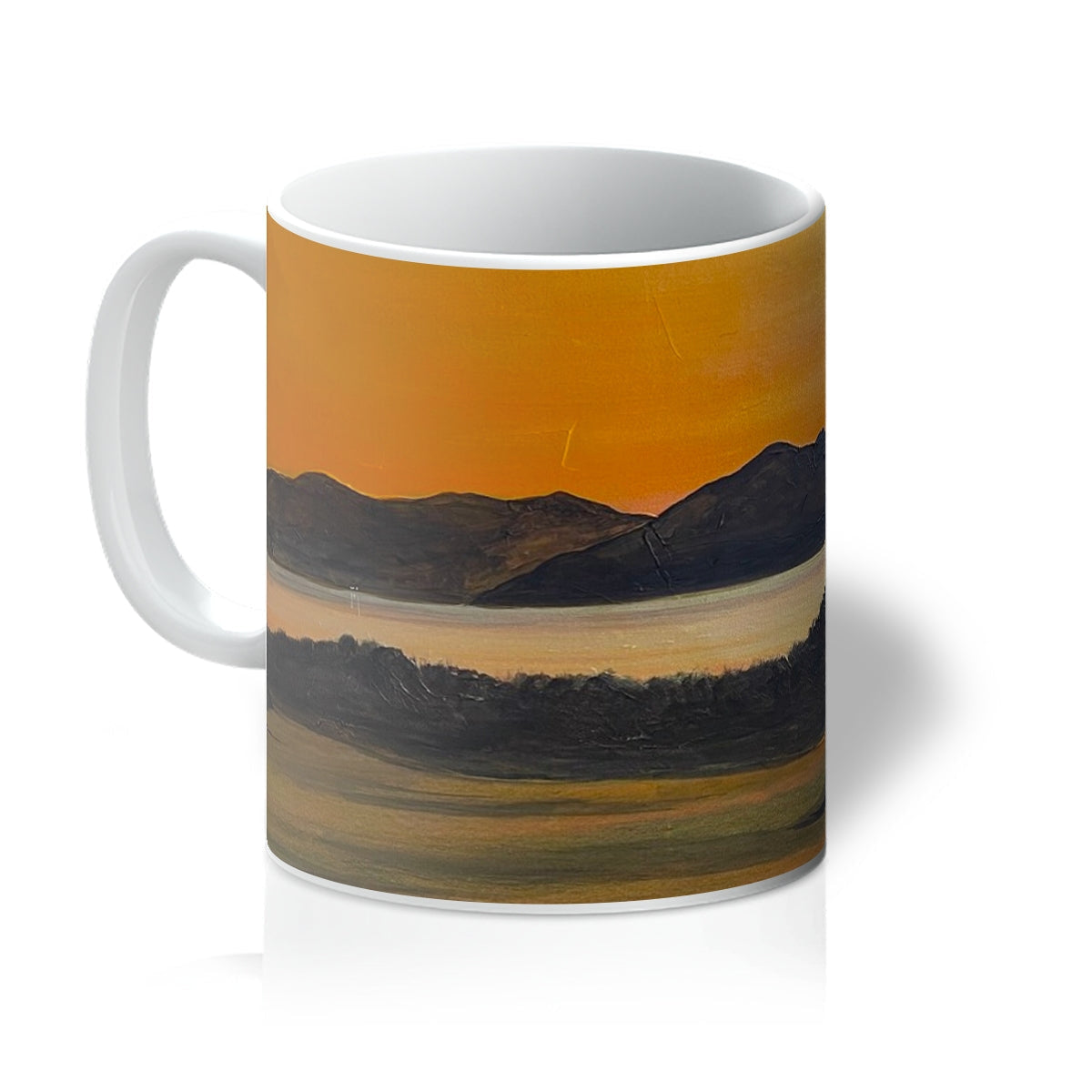 White ceramic mug featuring an orange and dark landscape painting of Royal Troon Golf Course 5th Green