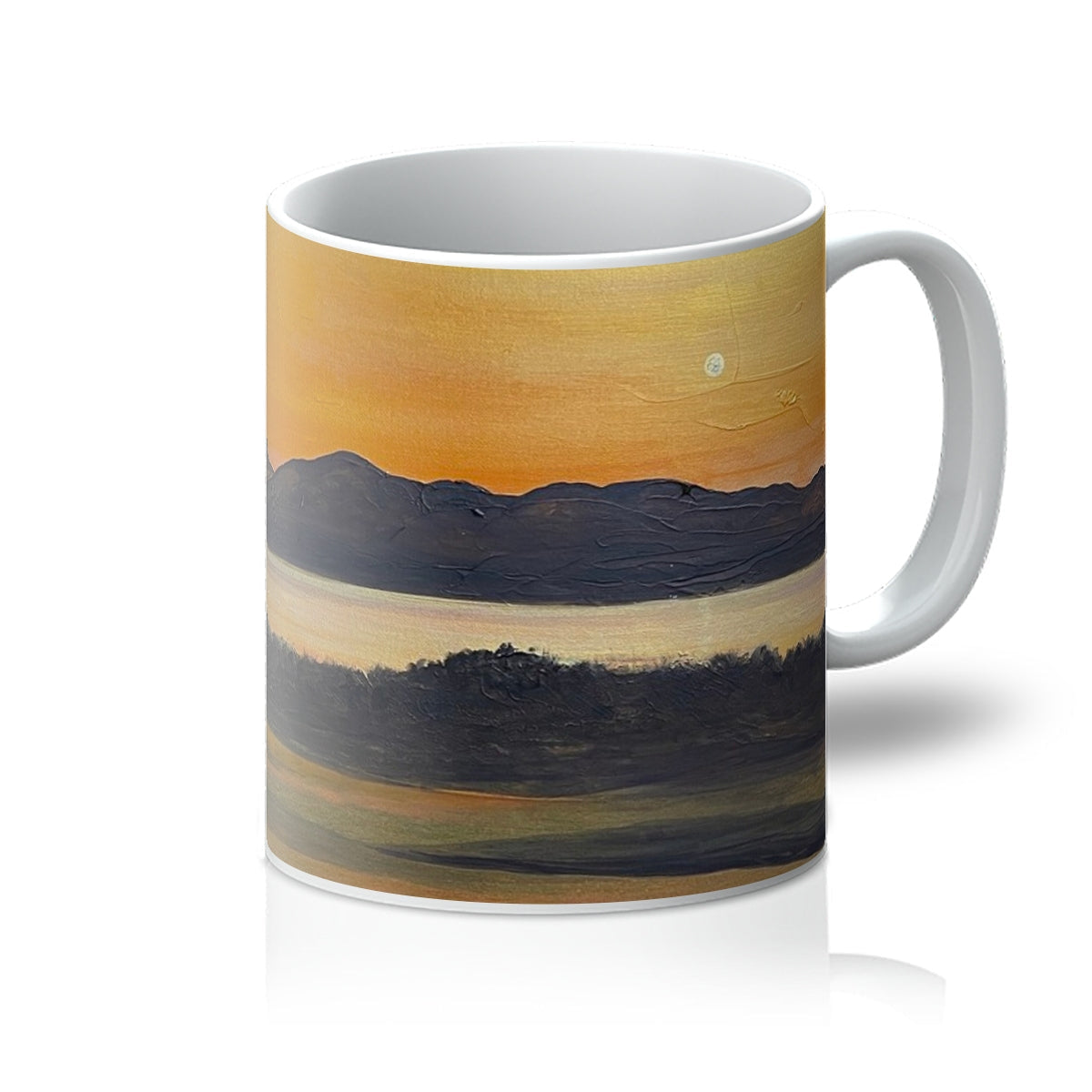 White ceramic mug featuring an impressionistic landscape painting of Royal Troon Golf Course 5th Green
