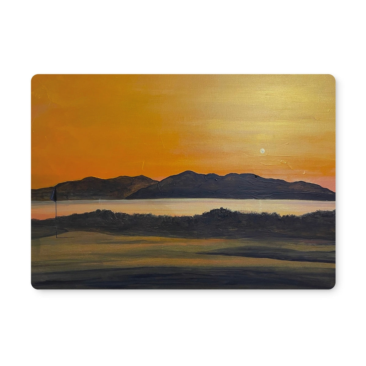 Vibrant landscape painting of Royal Troon Golf Course 5th Green by a lake at sunset