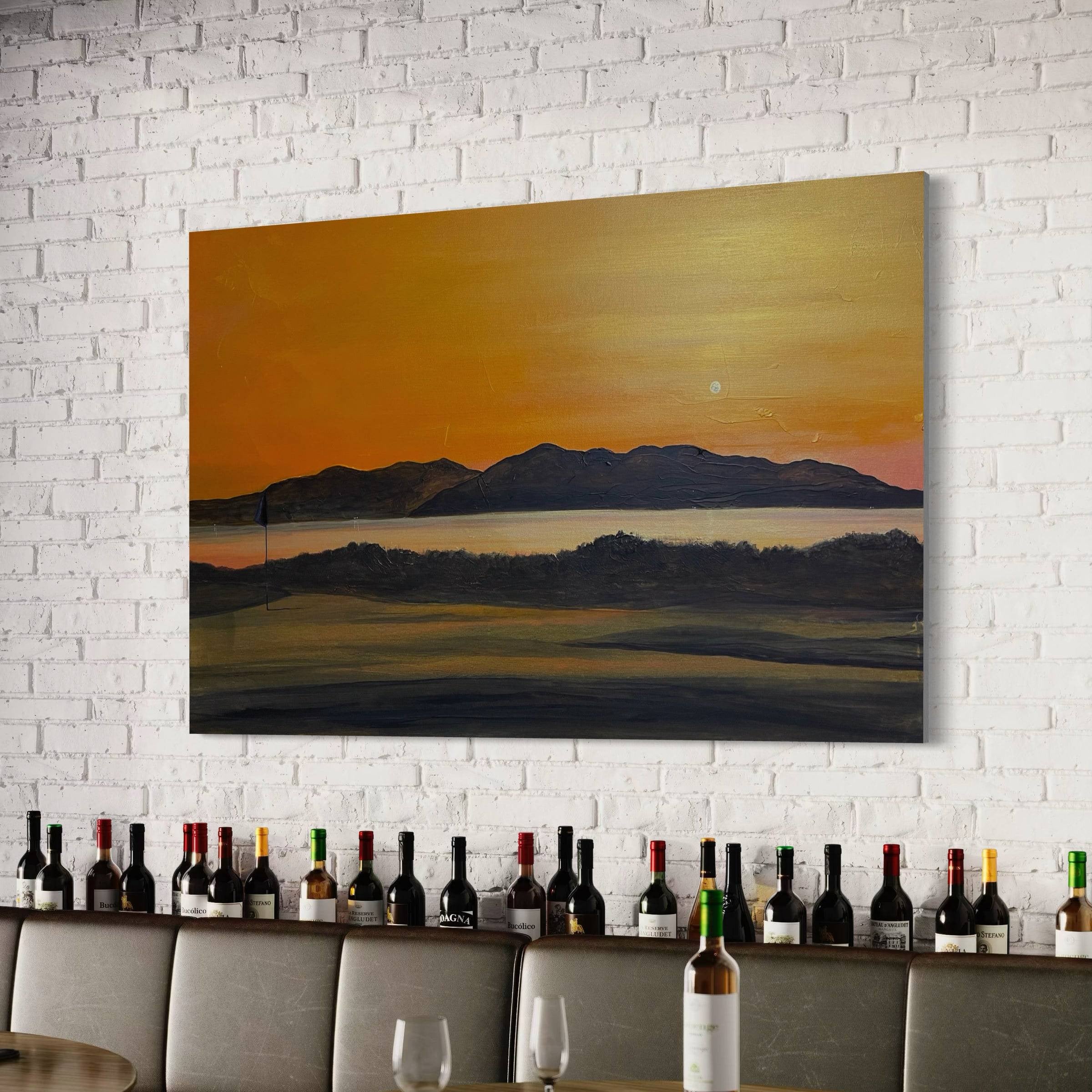 Vibrant sunset landscape painting of mountains and water for Royal Troon Golf Course wall decor