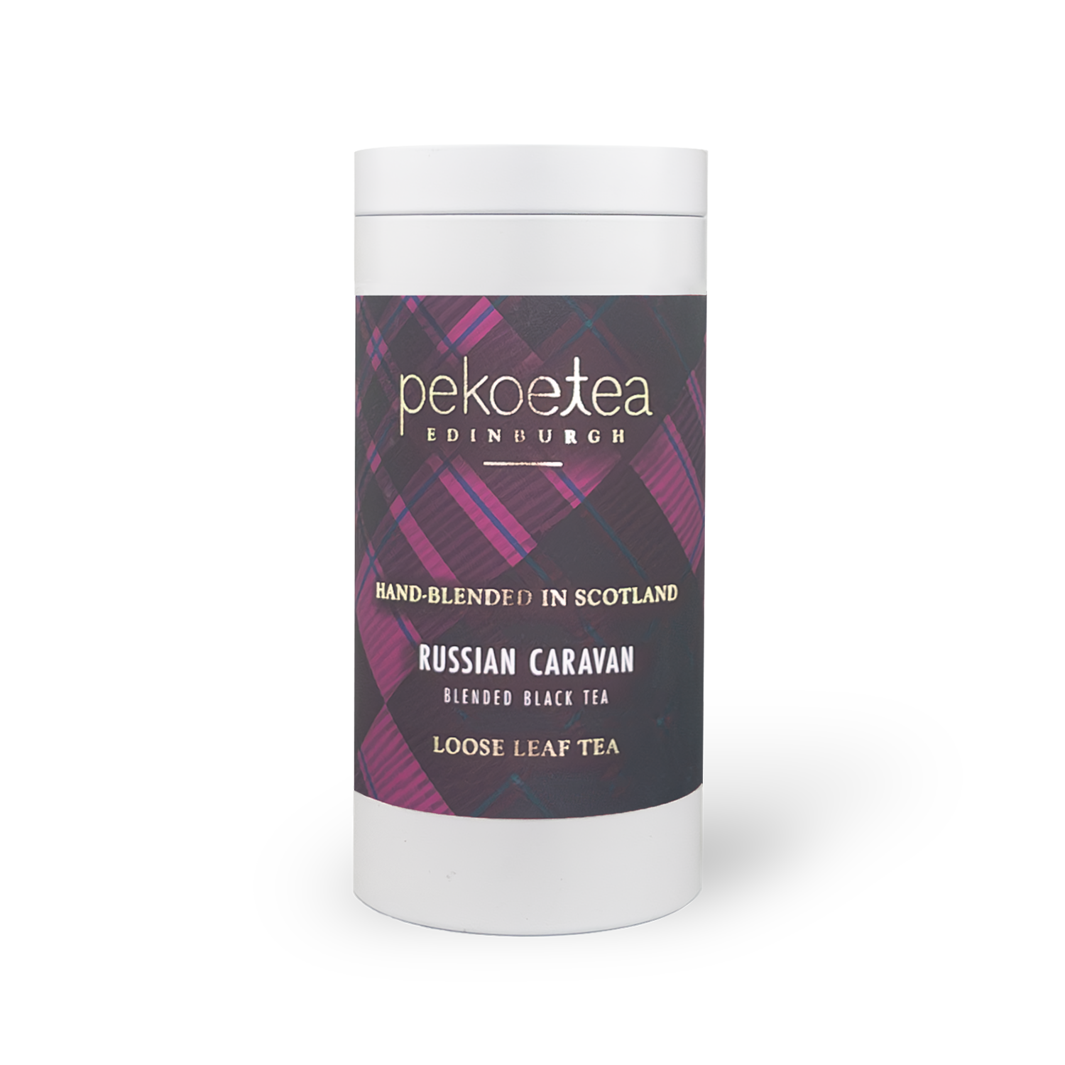 Sleek white Russian Caravan pekoe tea tin with purple pink label
