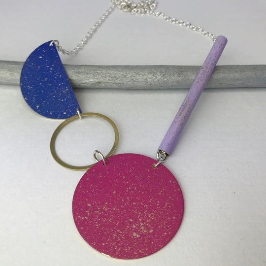 Vibrant Santa Cruz Fiesta necklace by Lindsay Mcdowall Jewellery with blue and magenta speckled pendants