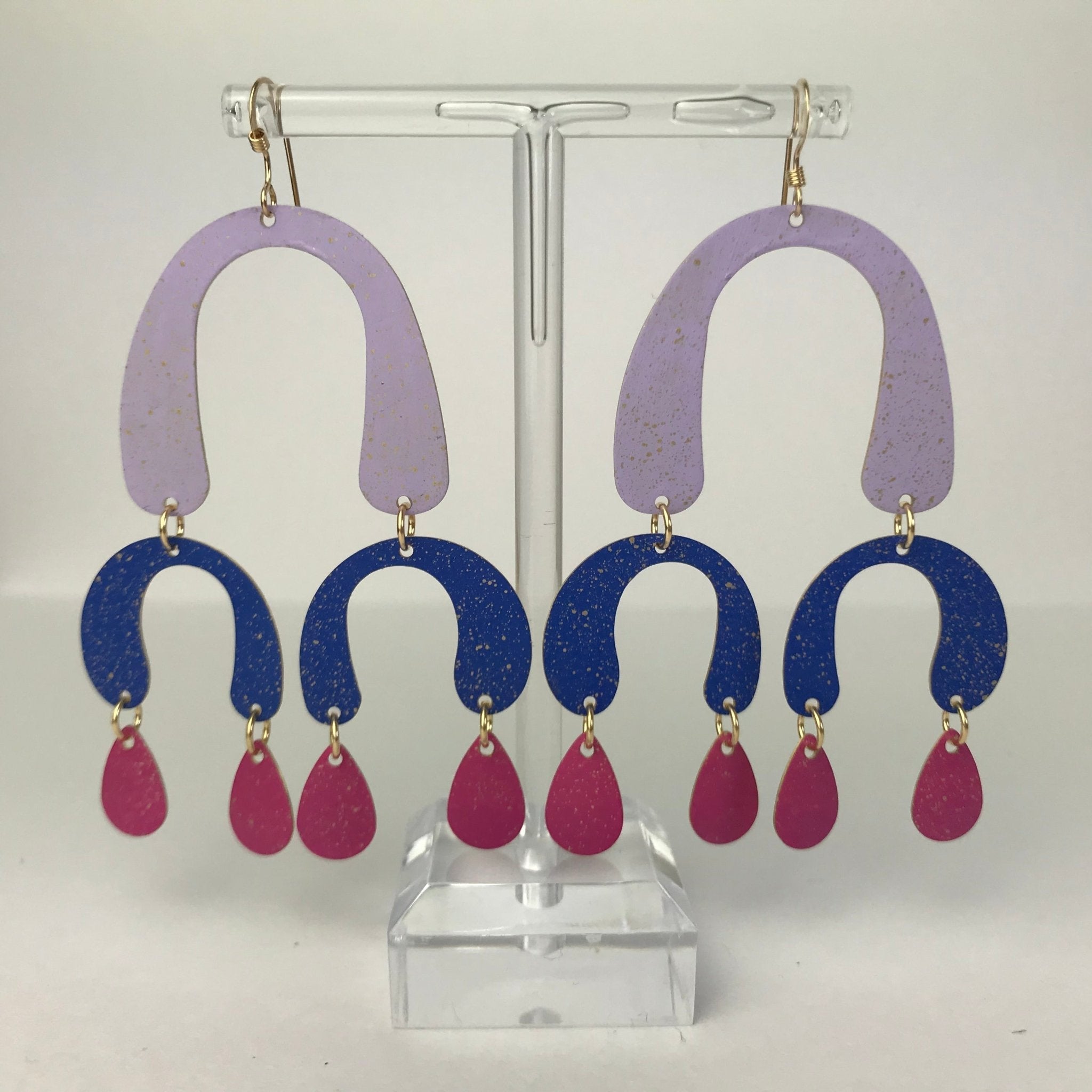 Purple and blue glittery acrylic drop earrings with pink teardrop charms from Lindsay Mcdowall Jewellery