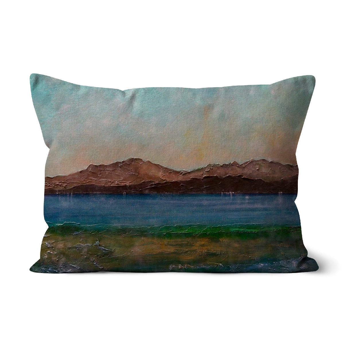 Scalpsie Bay rectangular cushion with impressionistic landscape in browns, blues, teal sky
