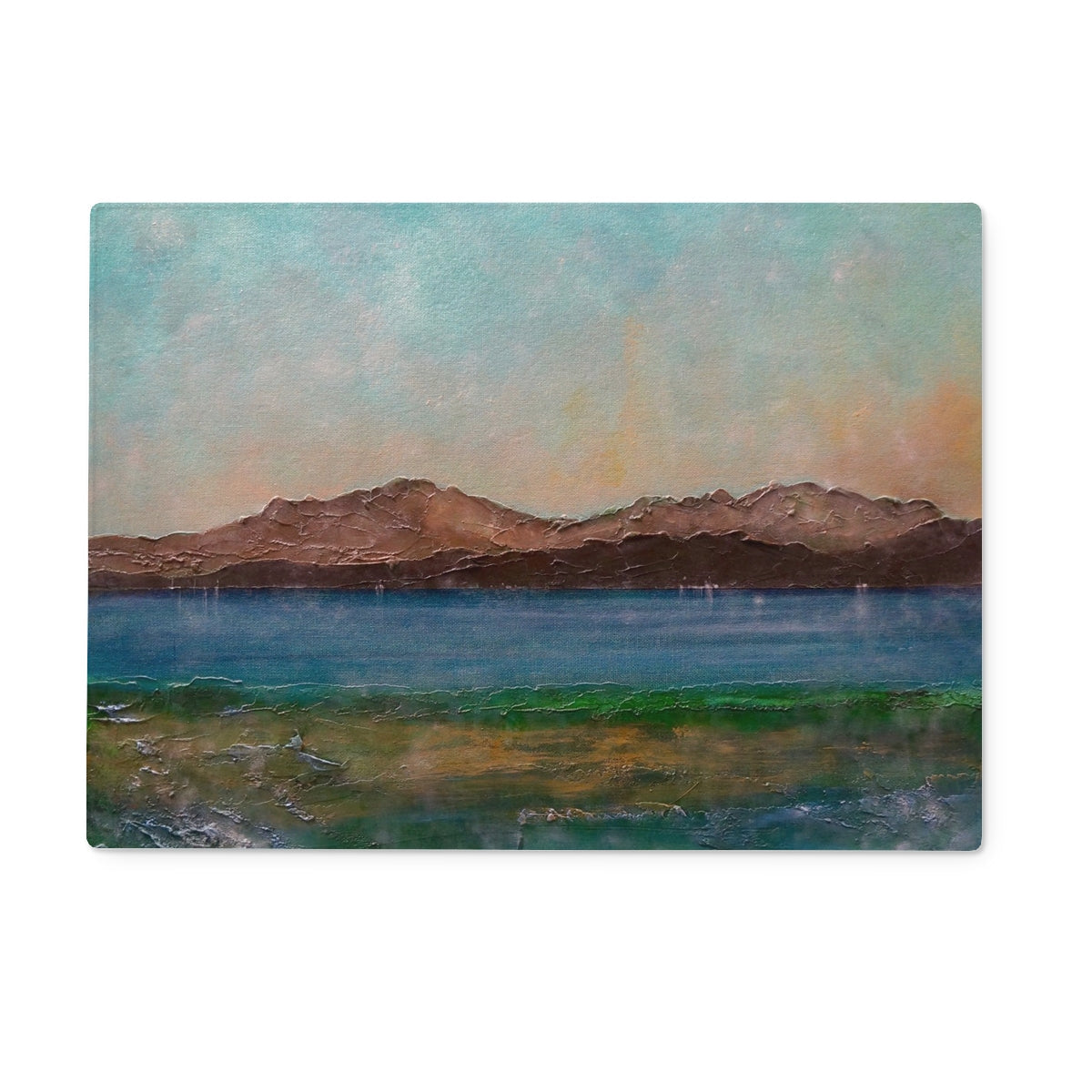 Serene Scalpsie Bay landscape on textured canvas chopping board