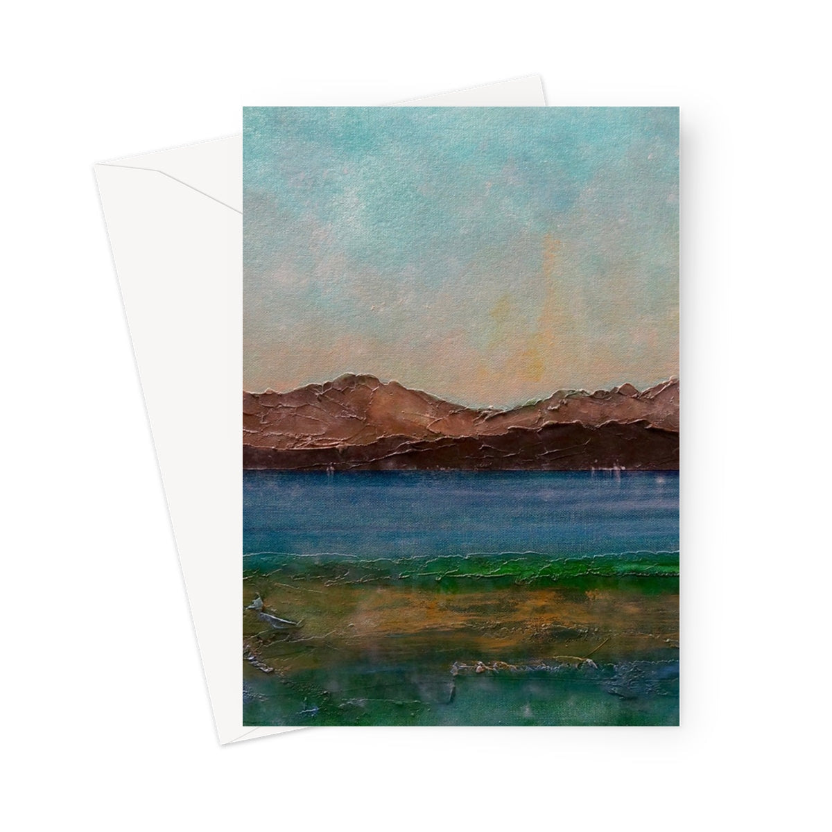 Scalpsie Bay greeting card: impressionistic lake and mountains scene