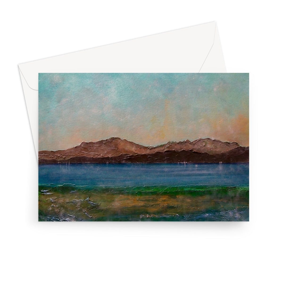 Scalpsie Bay greeting card with impressionistic brown mountains, teal orange sky, blue water