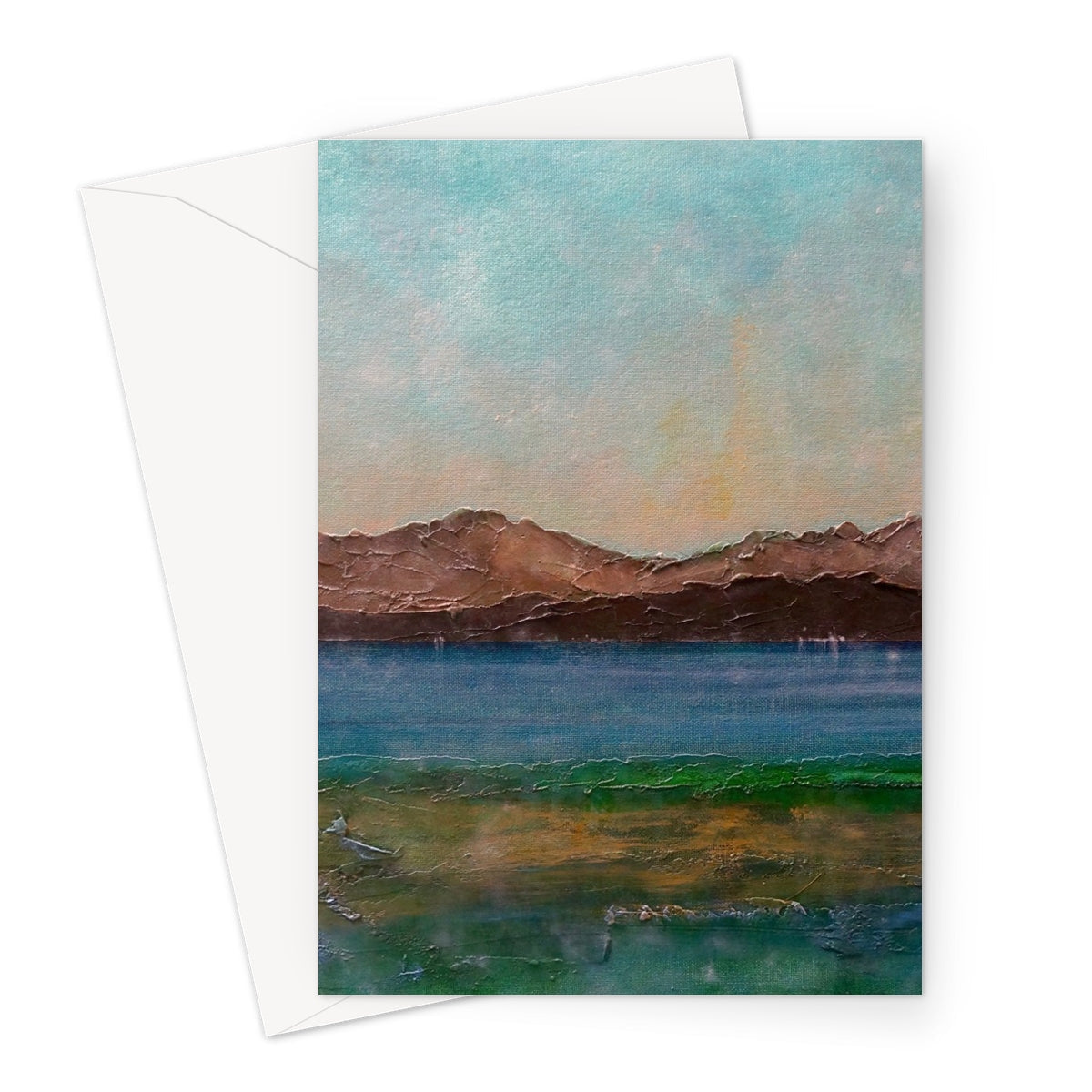 Scalpsie Bay greeting card: impressionistic serene landscape with blues, greens, and mountains