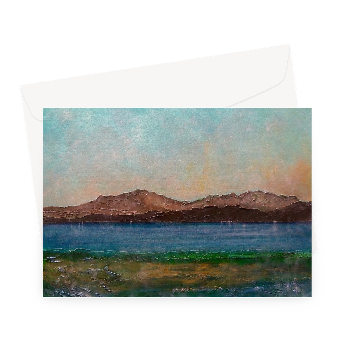 Scalpsie Bay greeting card: impressionistic lake and mountains under teal sky