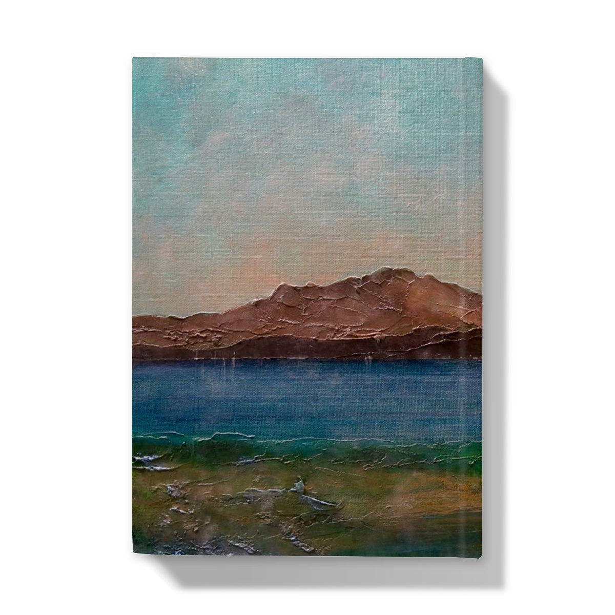 Scalpsie Bay journal cover: impressionistic landscape with teal sky, brown mountains, and blue-green water