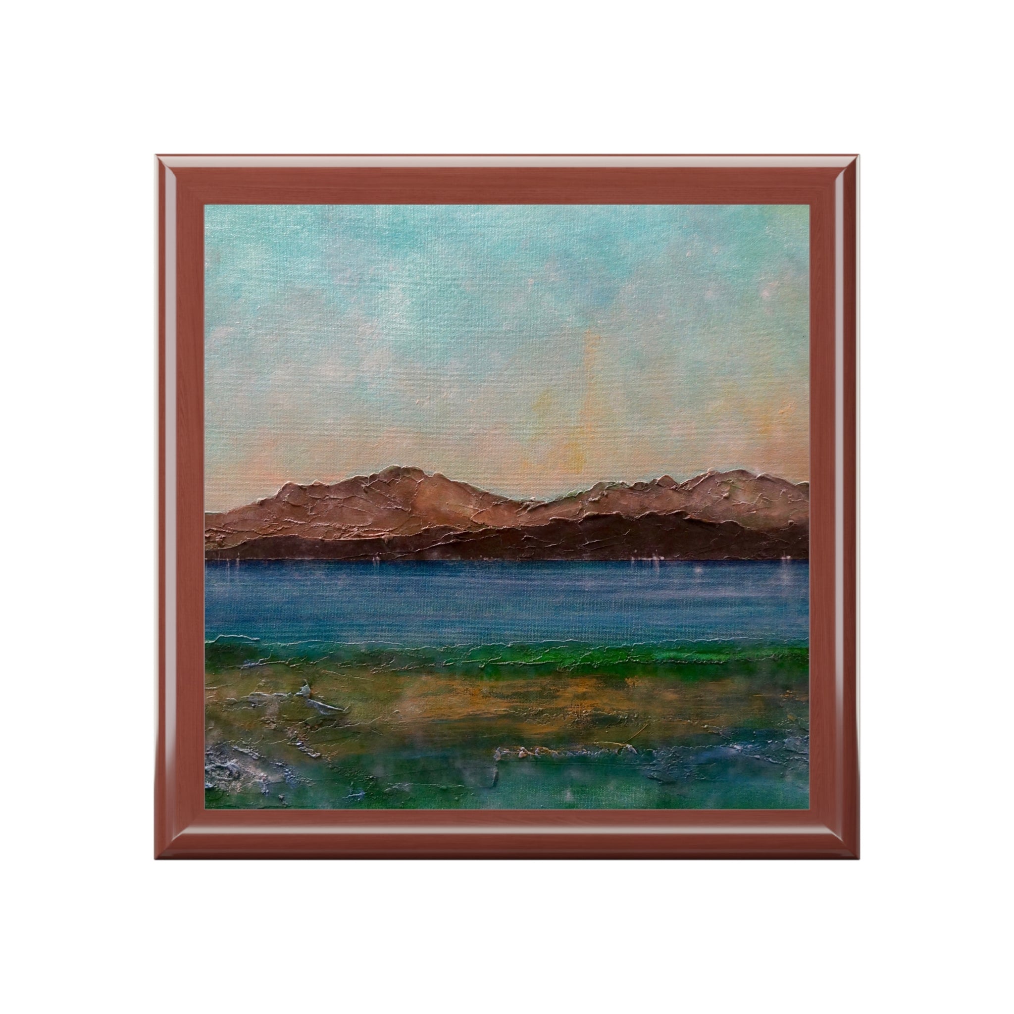 Square-framed abstract Scalpsie Bay landscape painting in teal, brown, green