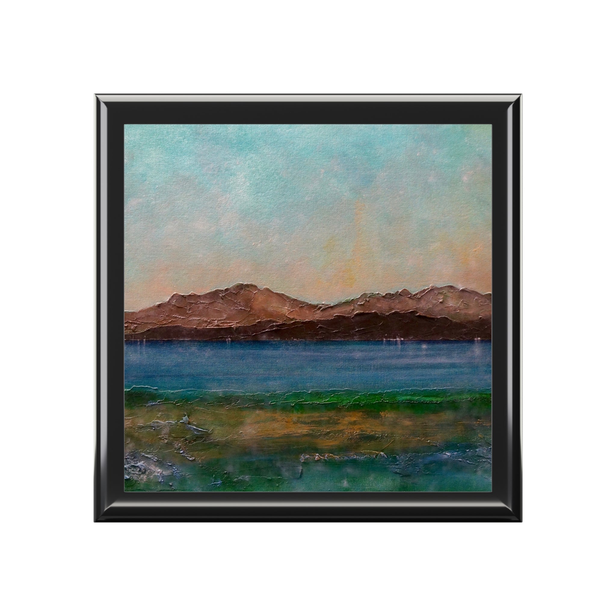 Scalpsie Bay abstract landscape painting in teal, brown, green for jewellery box