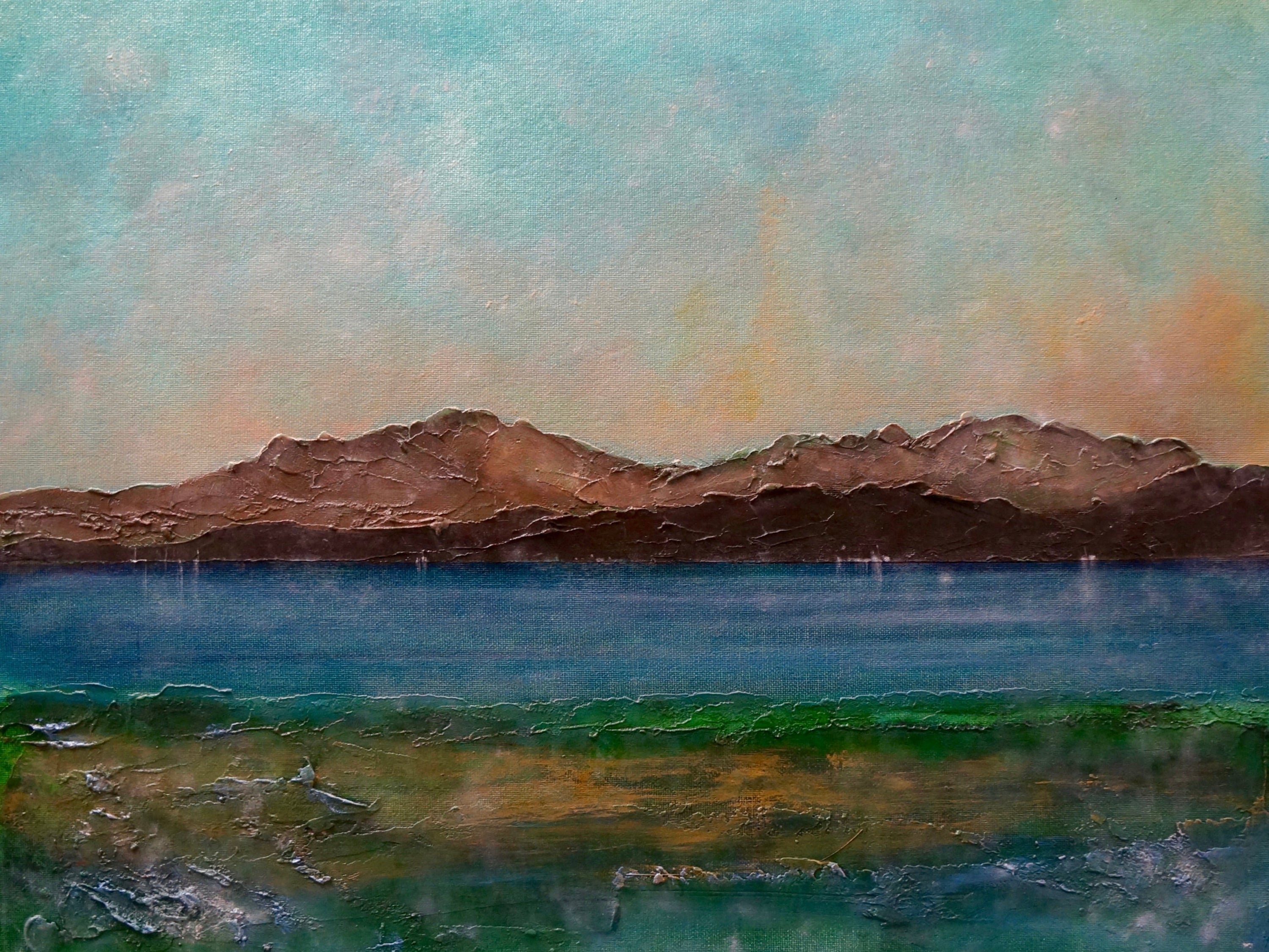 Textured landscape painting titled Scalpsie Bay Original Painting showcasing vibrant colors and details