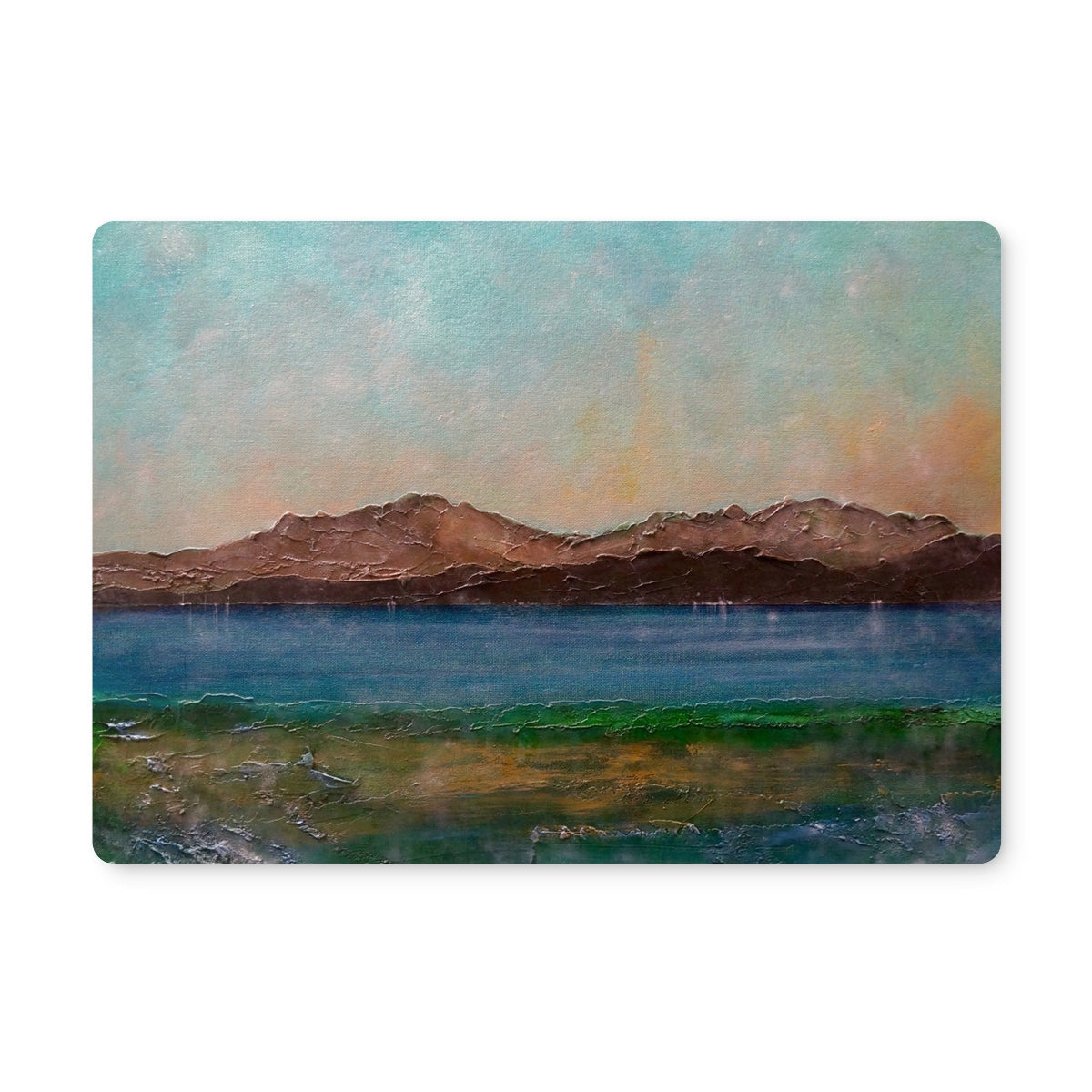 Scalpsie Bay placemat with impressionistic teal sky and blue water print