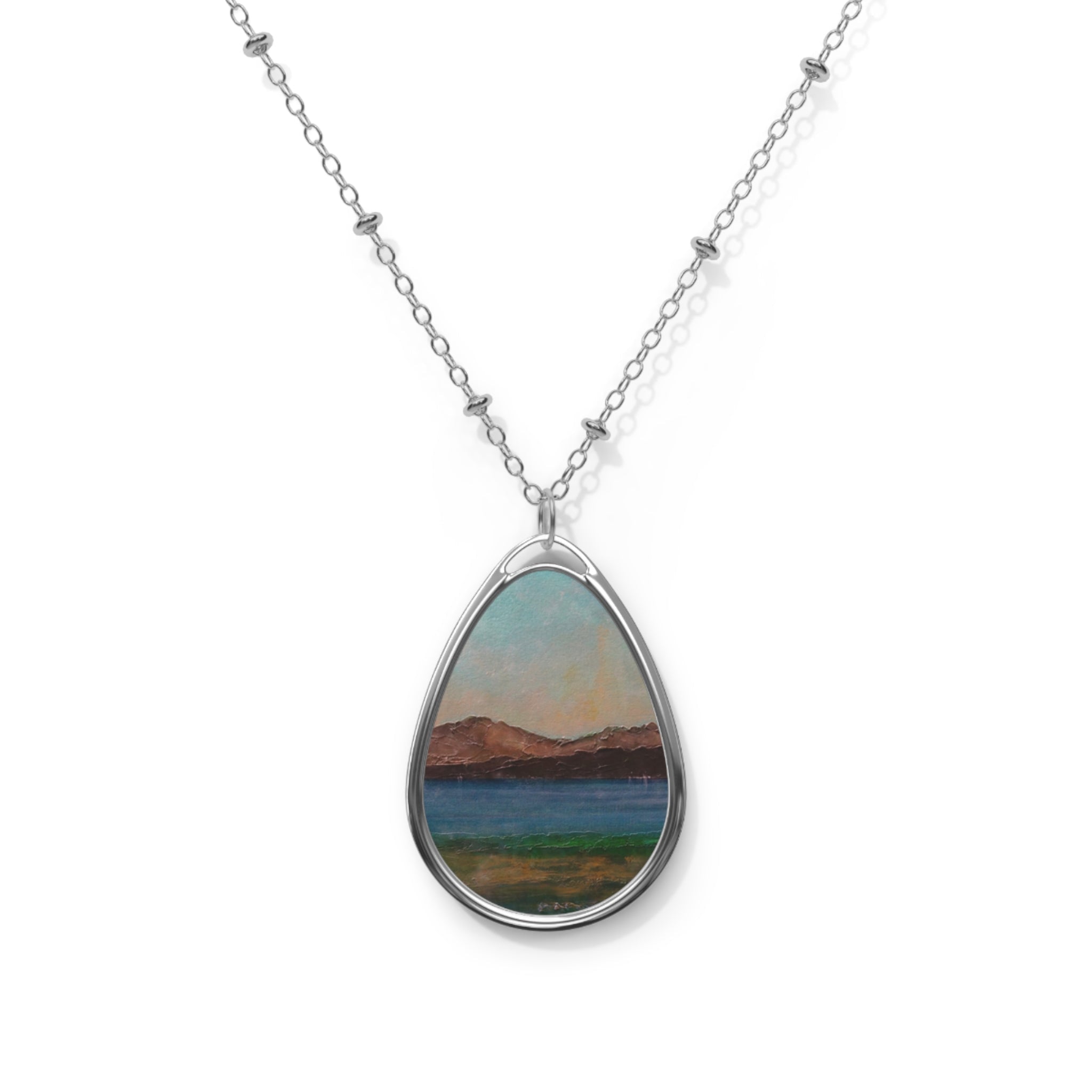 Silver teardrop pendant necklace with Scalpsie Bay painted landscape