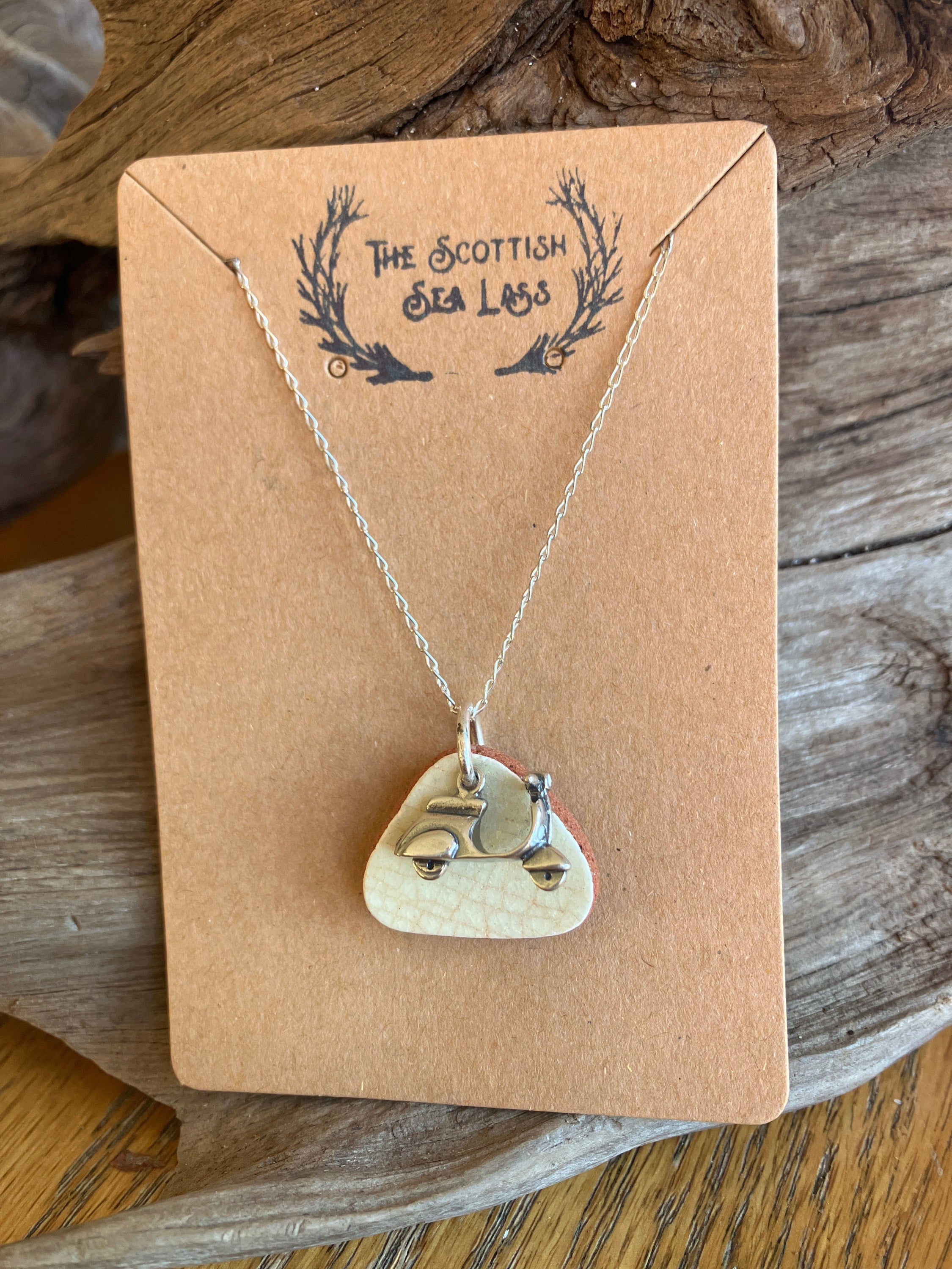 Silver chain necklace with Scooter Vespa Scottish Sea Pottery pendant featuring a scooter charm