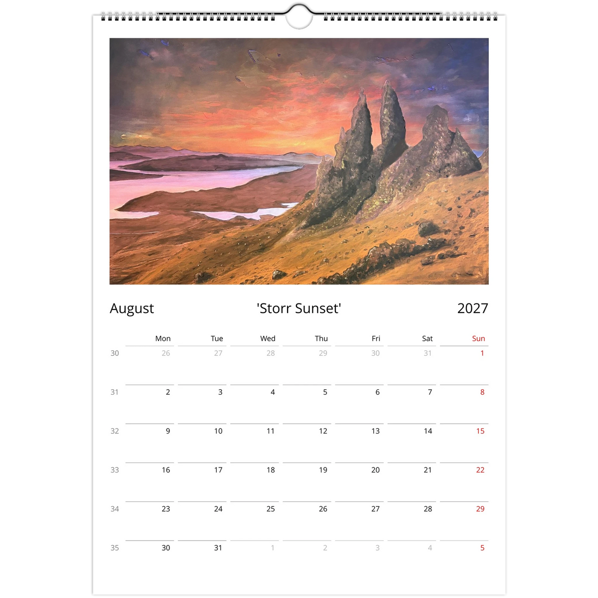 August page of the Scotland 2027 art calendar by Kevin Hunter, showing his painting 'Storr Sunset' – the Old Man of Storr on Skye under a pink and gold sky