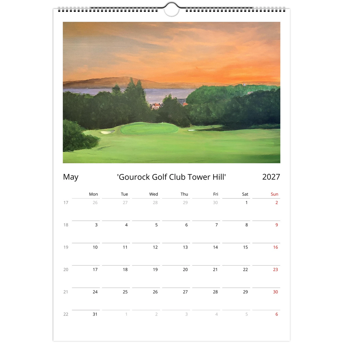 May page of the Scotland 2027 art calendar by Kevin Hunter, showing his painting 'Gourock Golf Club Tower Hill' – green fairway and trees under an orange evening sky