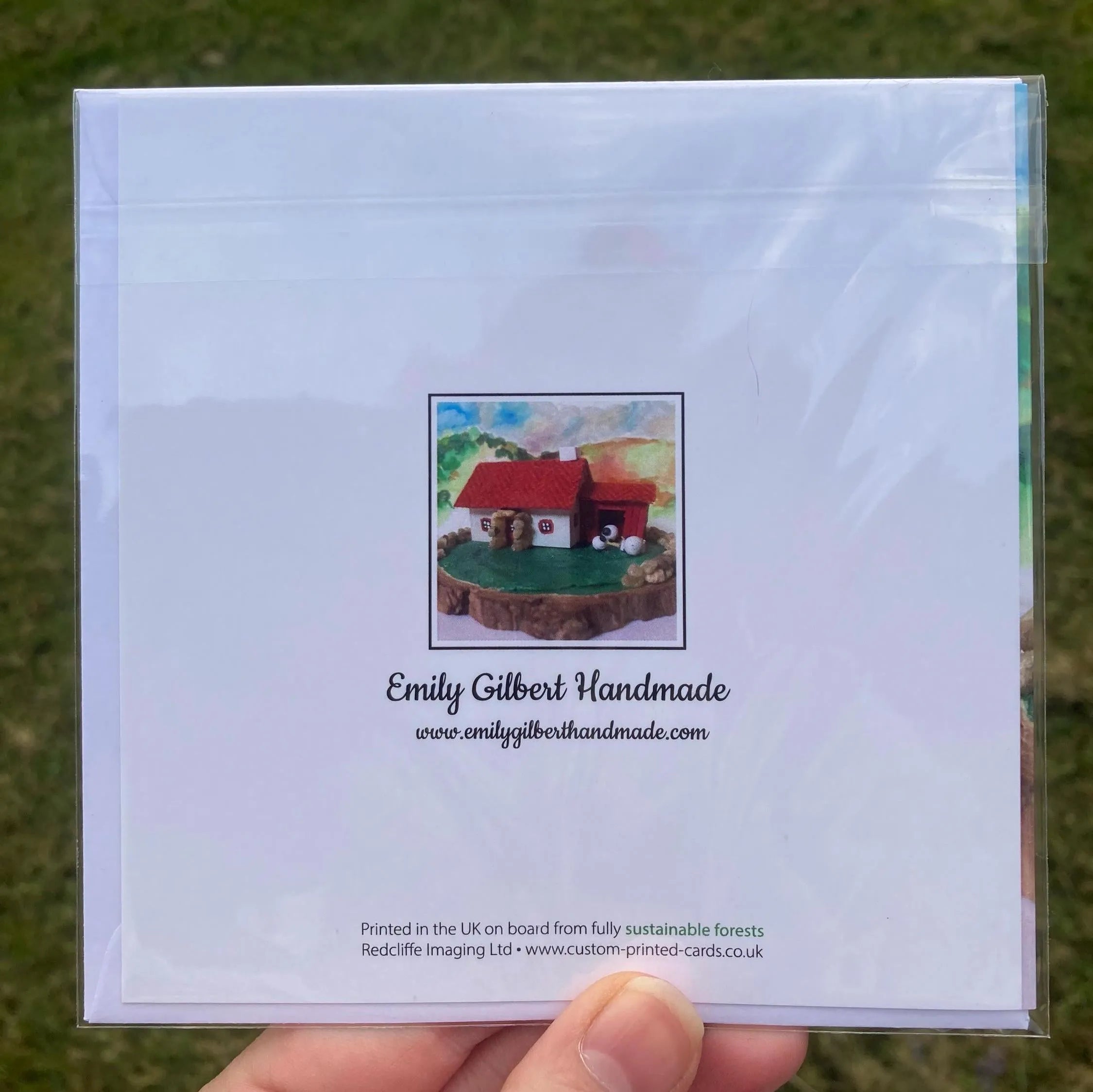 Back of Scottish Highland Sheep Farm Bothy Square Printed Greetings Card showing charming house and sheep design