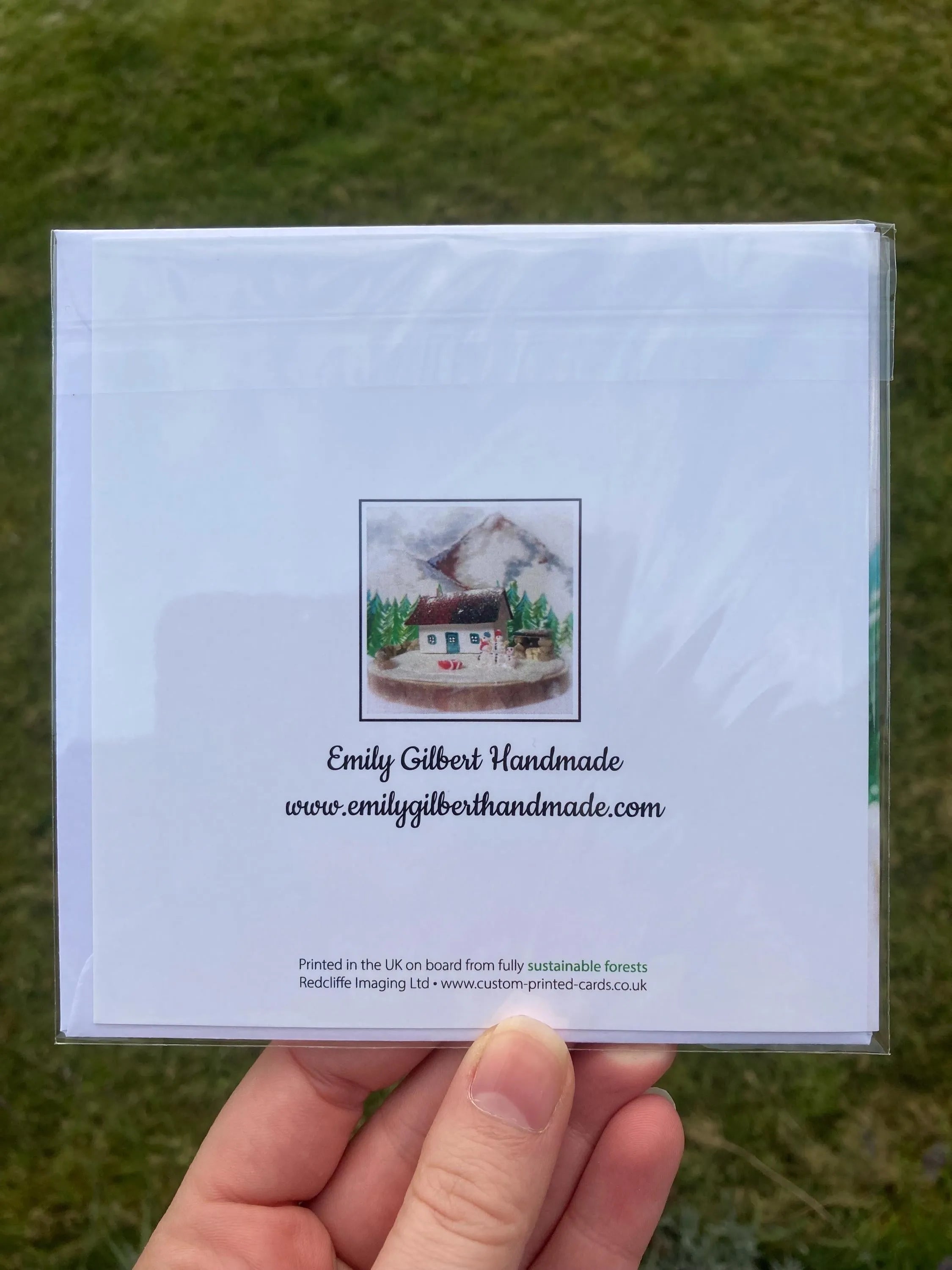 Blank Scottish Highland Winter Bothy greeting card with mountain scene and printing info on back