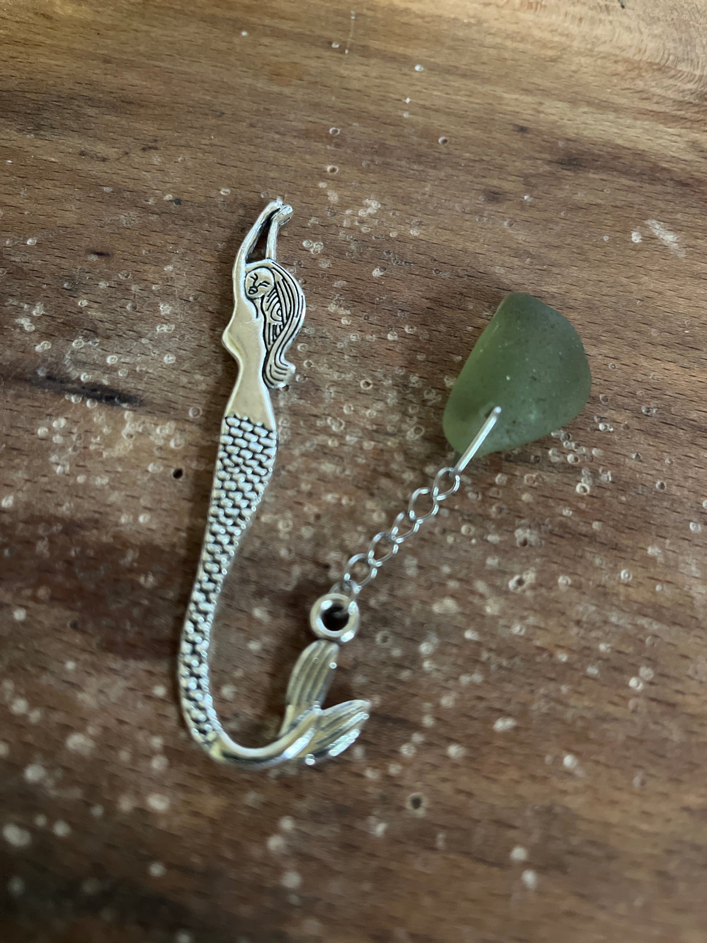Silver mermaid bookmark with green jade stone and chain, Scottish seaglass style