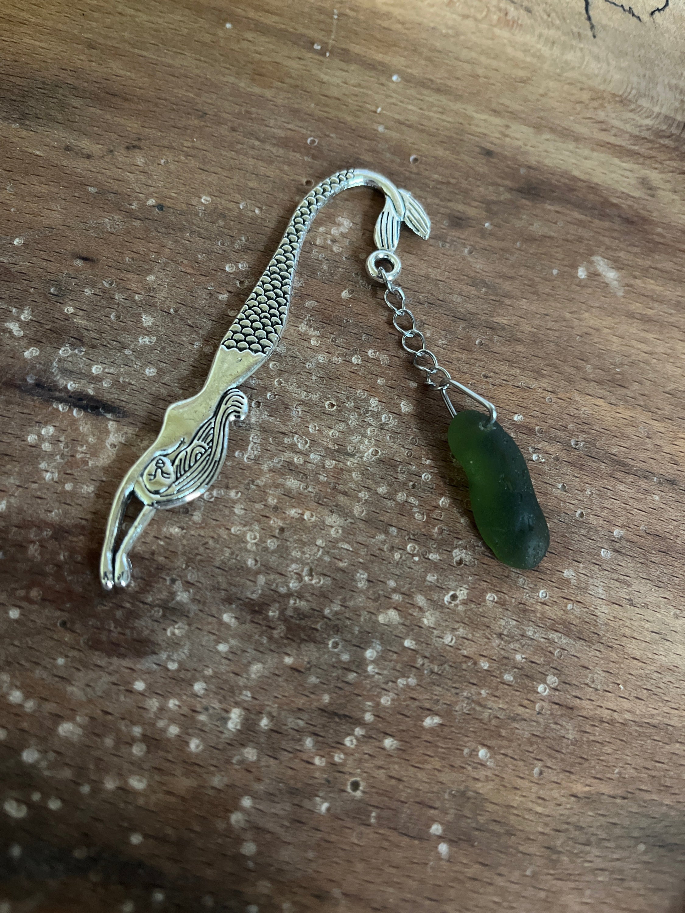 Silver Scottish seaglass bookmark with mermaid tails and green sea glass dragon accent