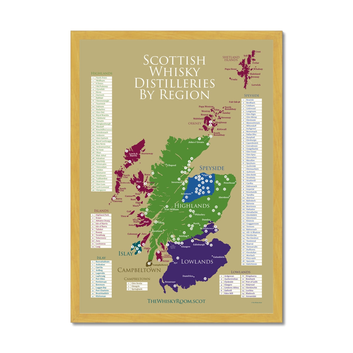 Gold framed antique map of Scottish whisky distilleries by region