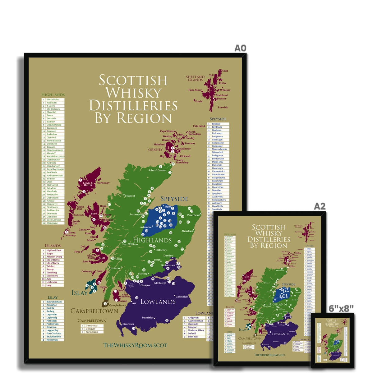 Framed gold map of Scottish whisky distilleries by region