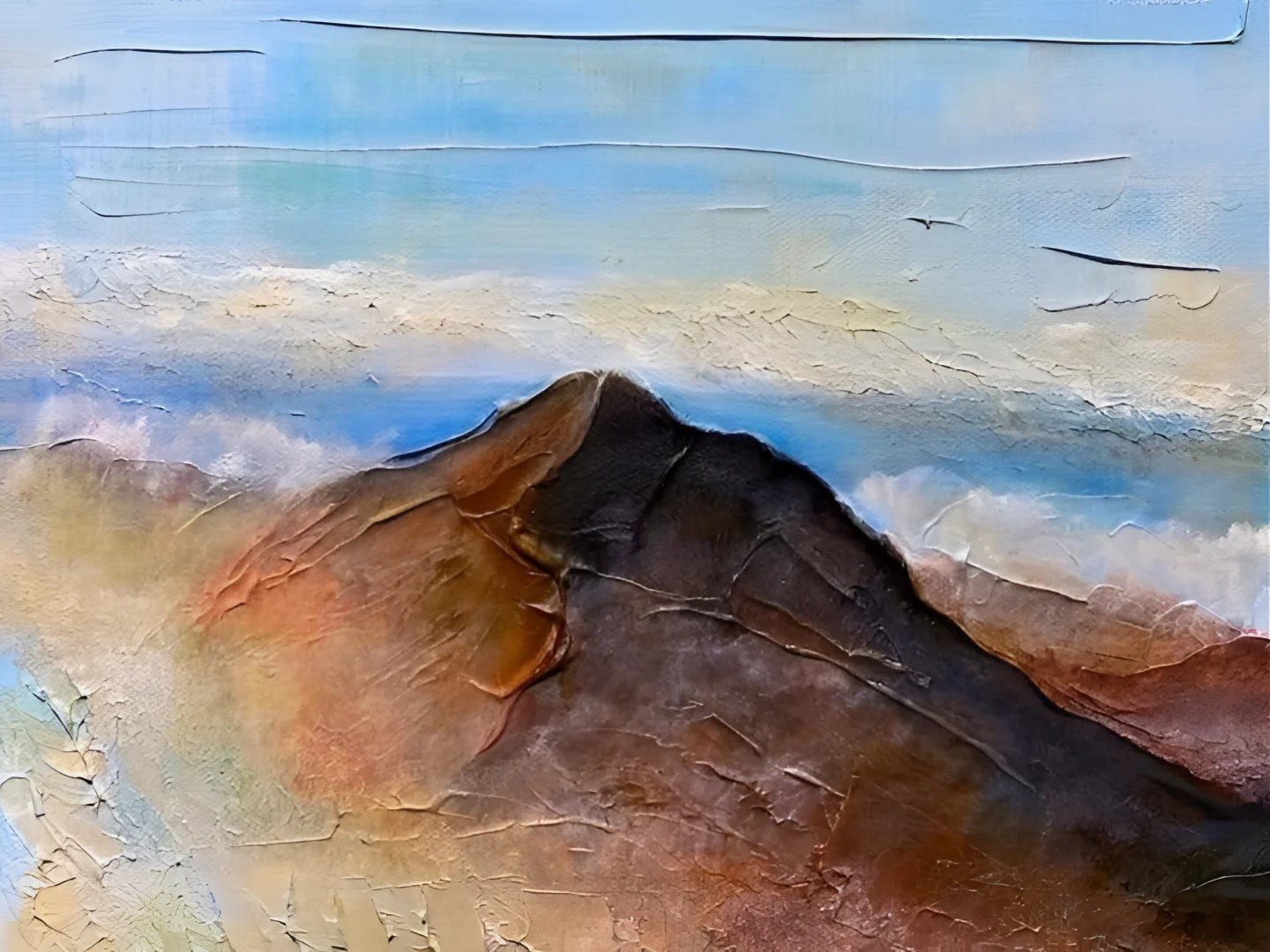 Textured oil painting of Sgorr Dhonuill mountain landscape under light blue sky