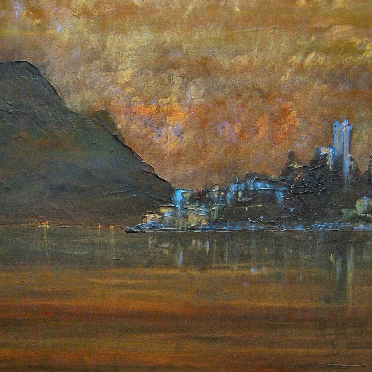 Impressionistic lakeside town with castle in Sirmione Dusk Italy Original Painting