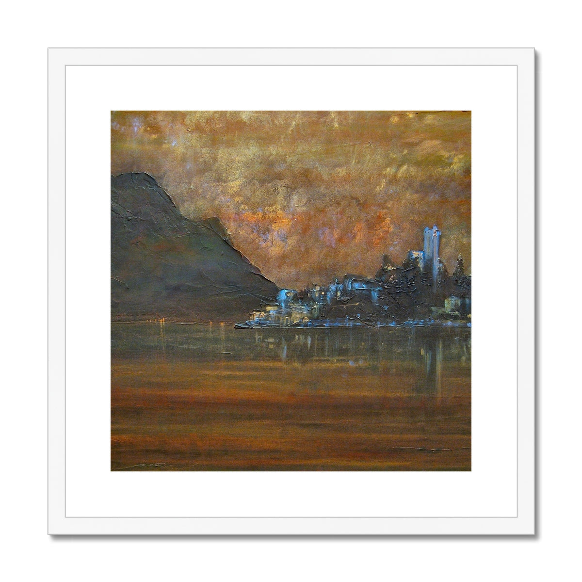 Sirmione Lake Garda gold and brown landscape art print with mountain, lake, and castle reflection