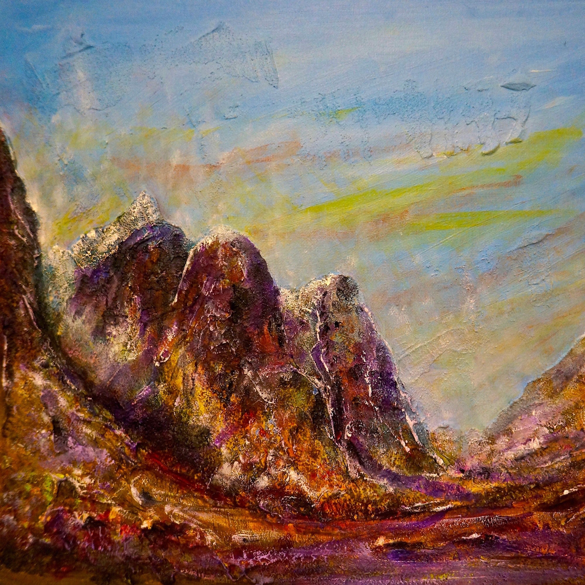 Impressionistic painting of a vibrant mountain landscape at sunset in The Sisters Glencoe Scotland In Your Pocket
