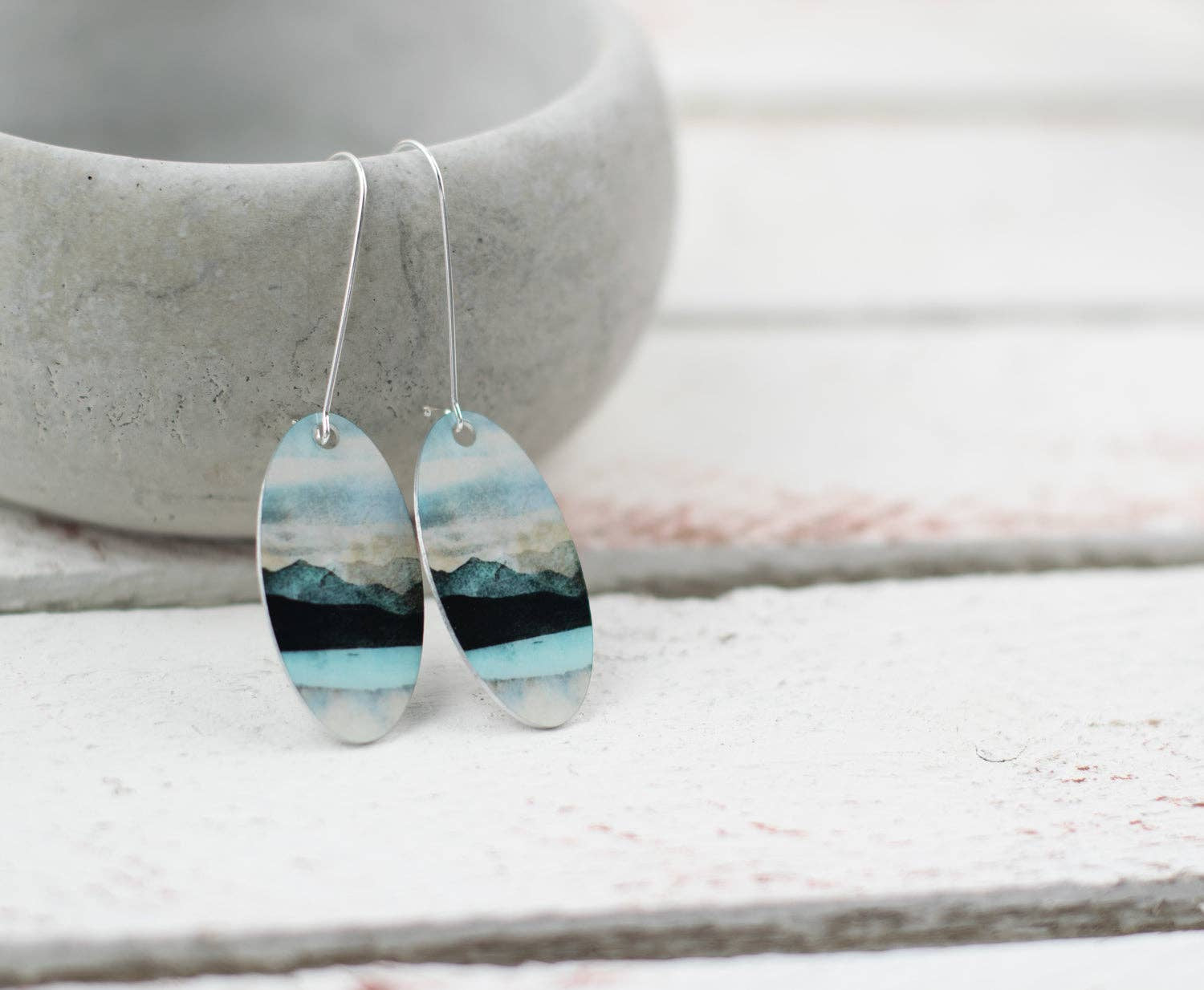 Skye Bealach Na Ba Applecross earrings with teal mountain landscape on silver hooks