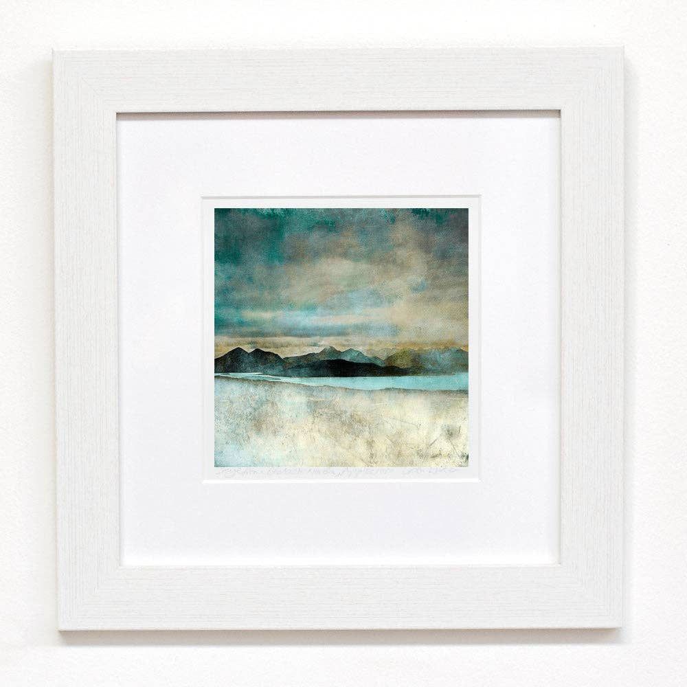 White framed Skye watercolor landscape print in teal gray beige by Cath Waters