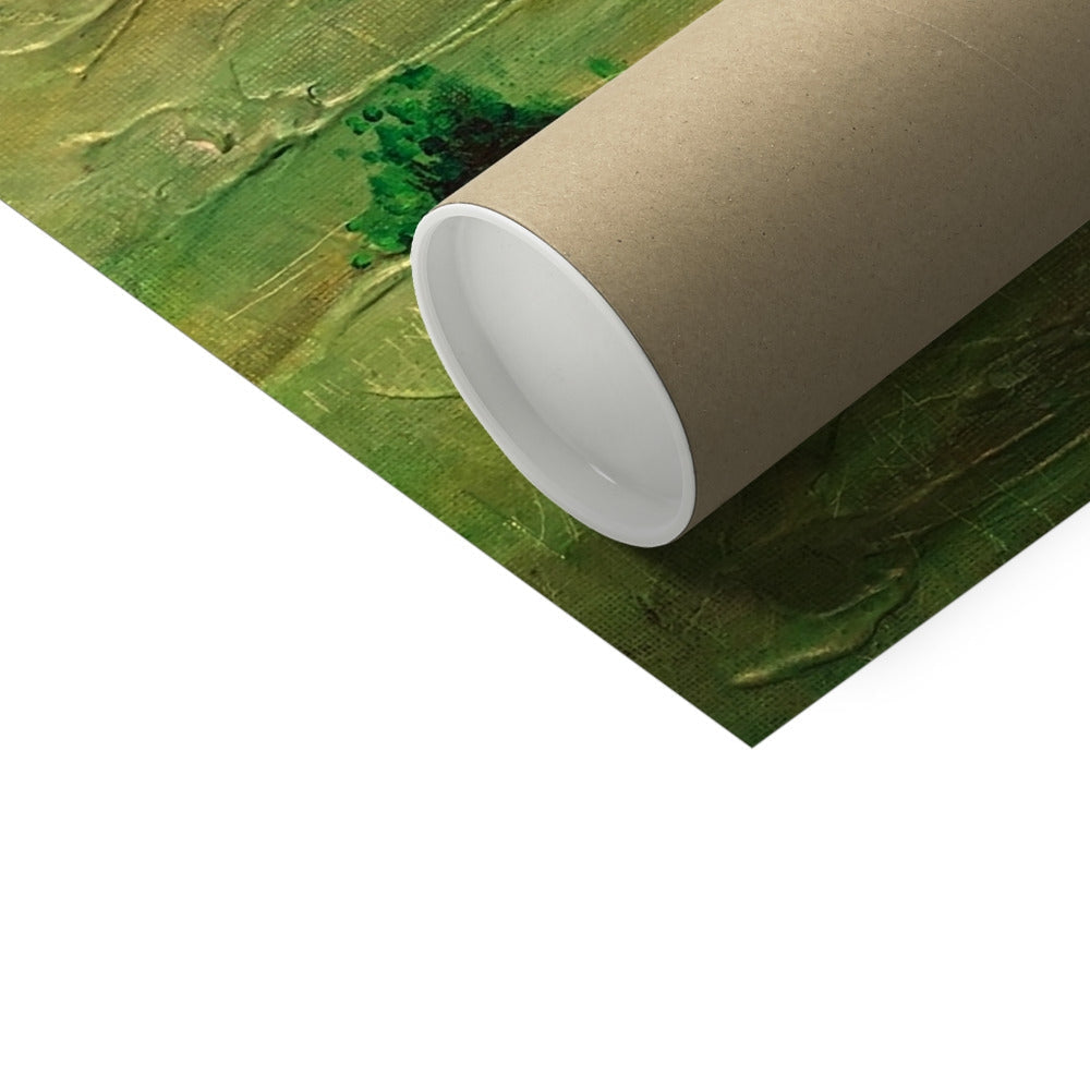Unrolled poster revealing green textured abstract painting with shipping tube for Skye Cottage Artist Proof Collector Print