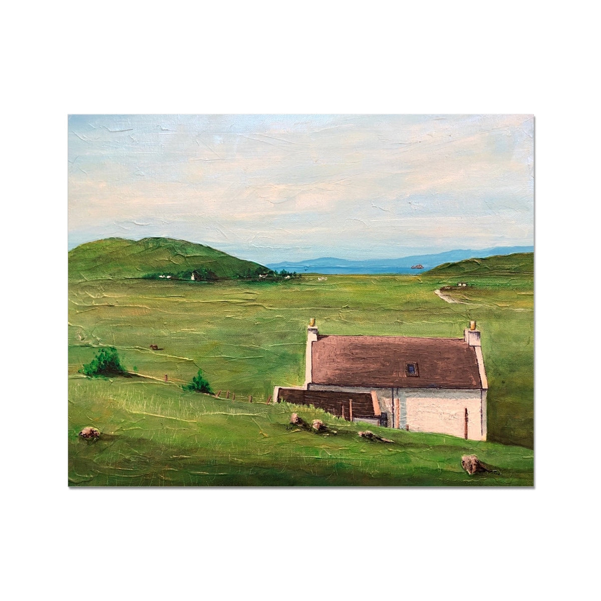 Oil painting of a White House with a brown roof in a lush green hilly landscape near water
