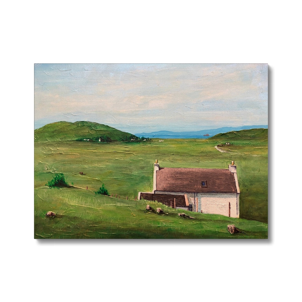 Oil painting of a rural landscape with a white house on the Skye Cottage Canvas