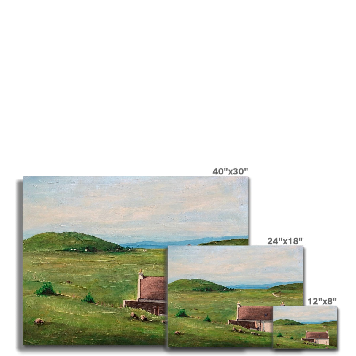 Skye Cottage Canvas print of a landscape with a house in a green field and hills
